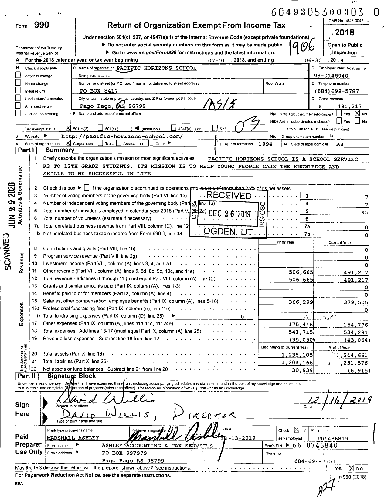 Image of first page of 2018 Form 990 for Pacific Horizons School