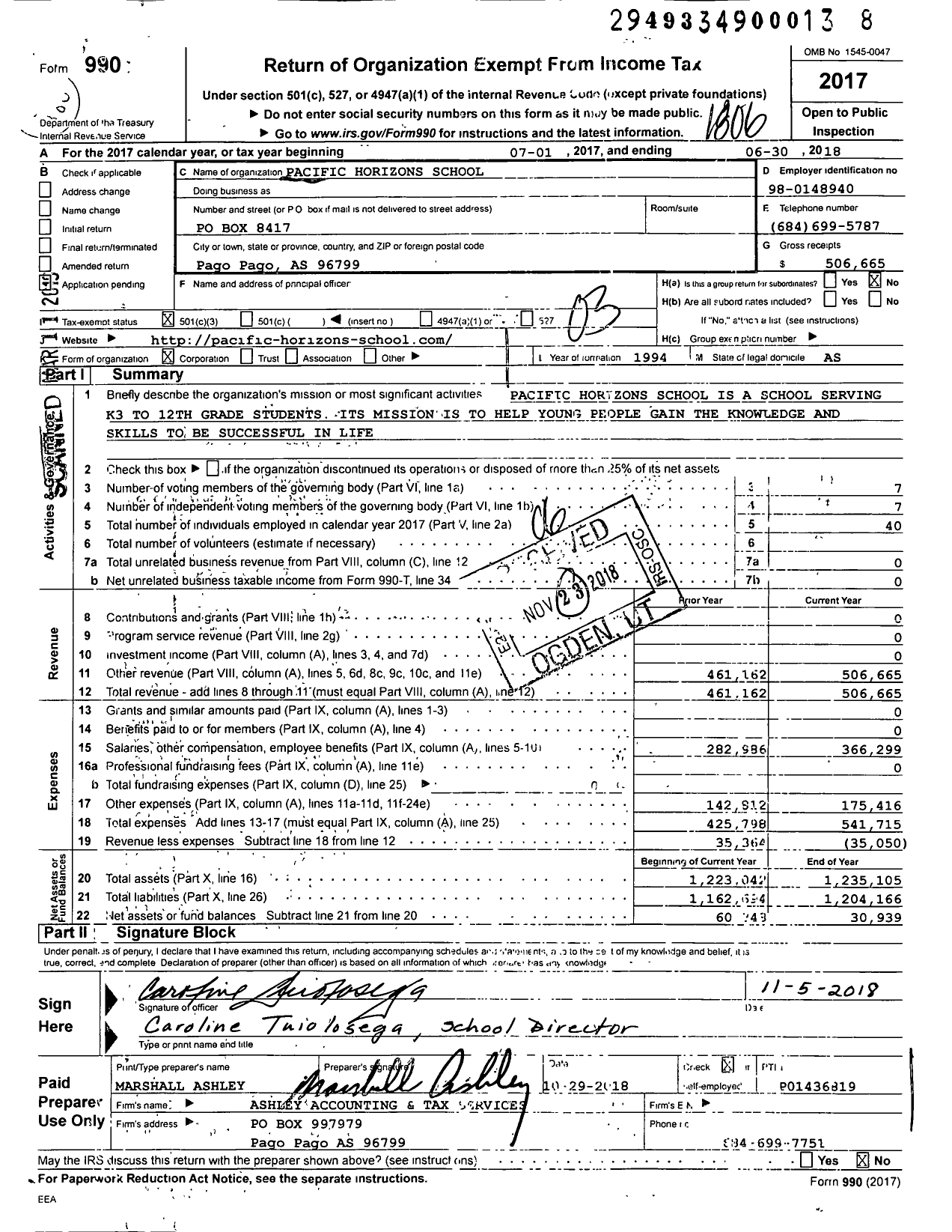 Image of first page of 2017 Form 990 for Pacific Horizons School