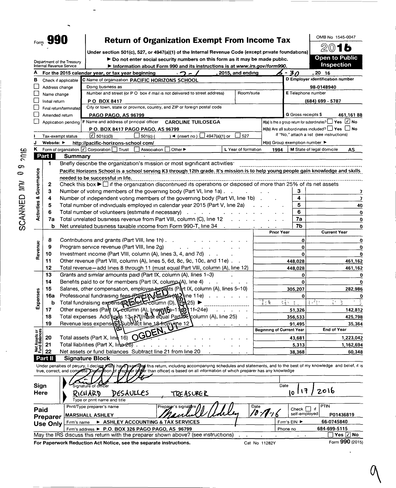 Image of first page of 2015 Form 990 for Pacific Horizons School