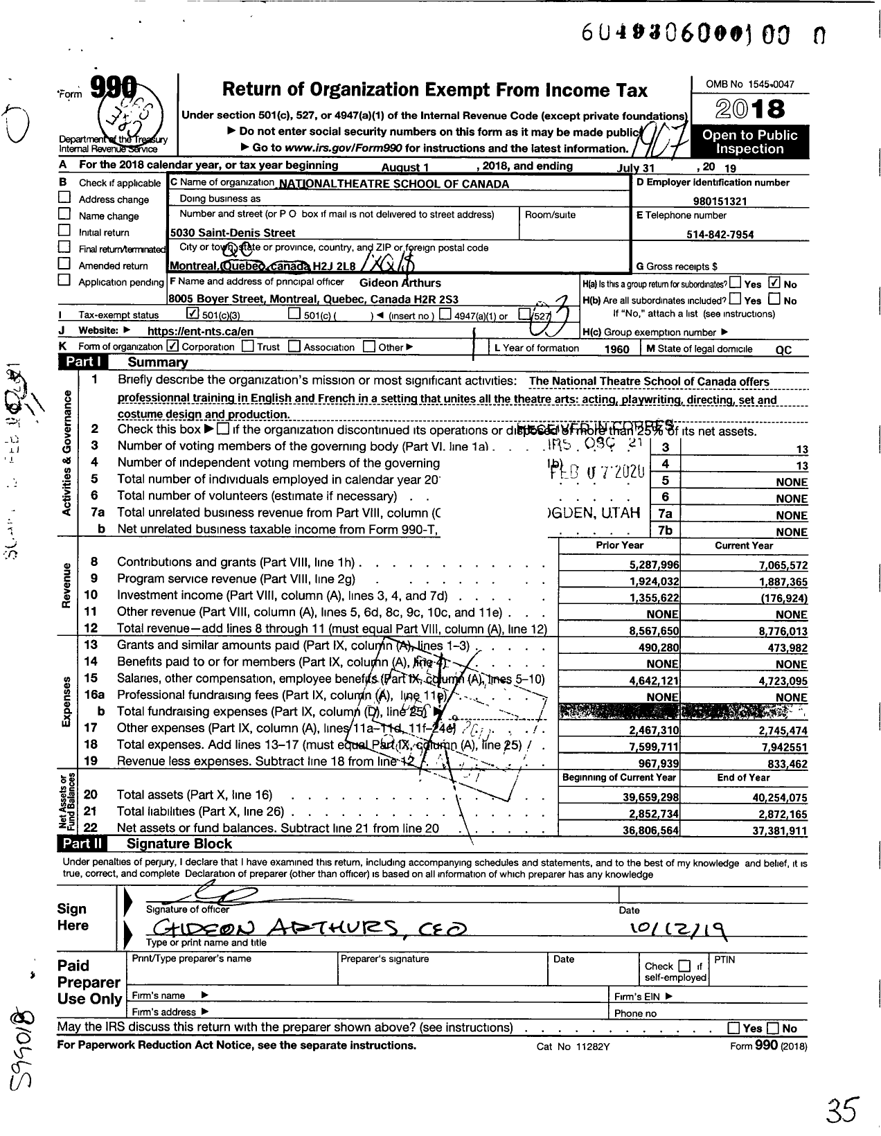 Image of first page of 2018 Form 990 for National Theatre School of Canada (NTS)