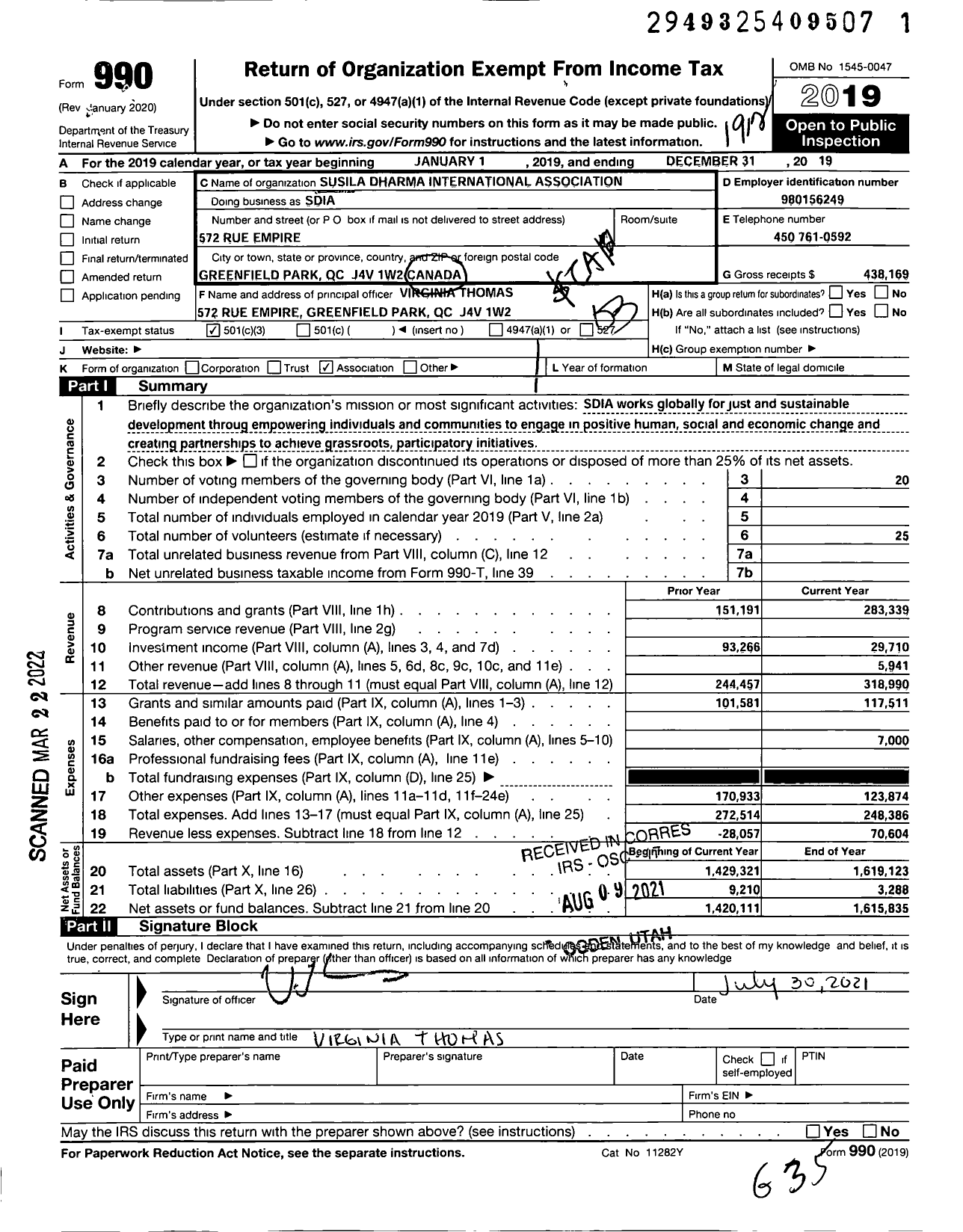 Image of first page of 2019 Form 990 for Susila Dharma International Association (SDIA)