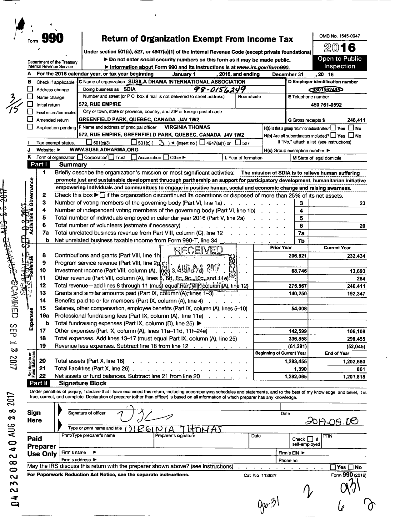 Image of first page of 2016 Form 990 for Susila Dharma International Association (SDIA)