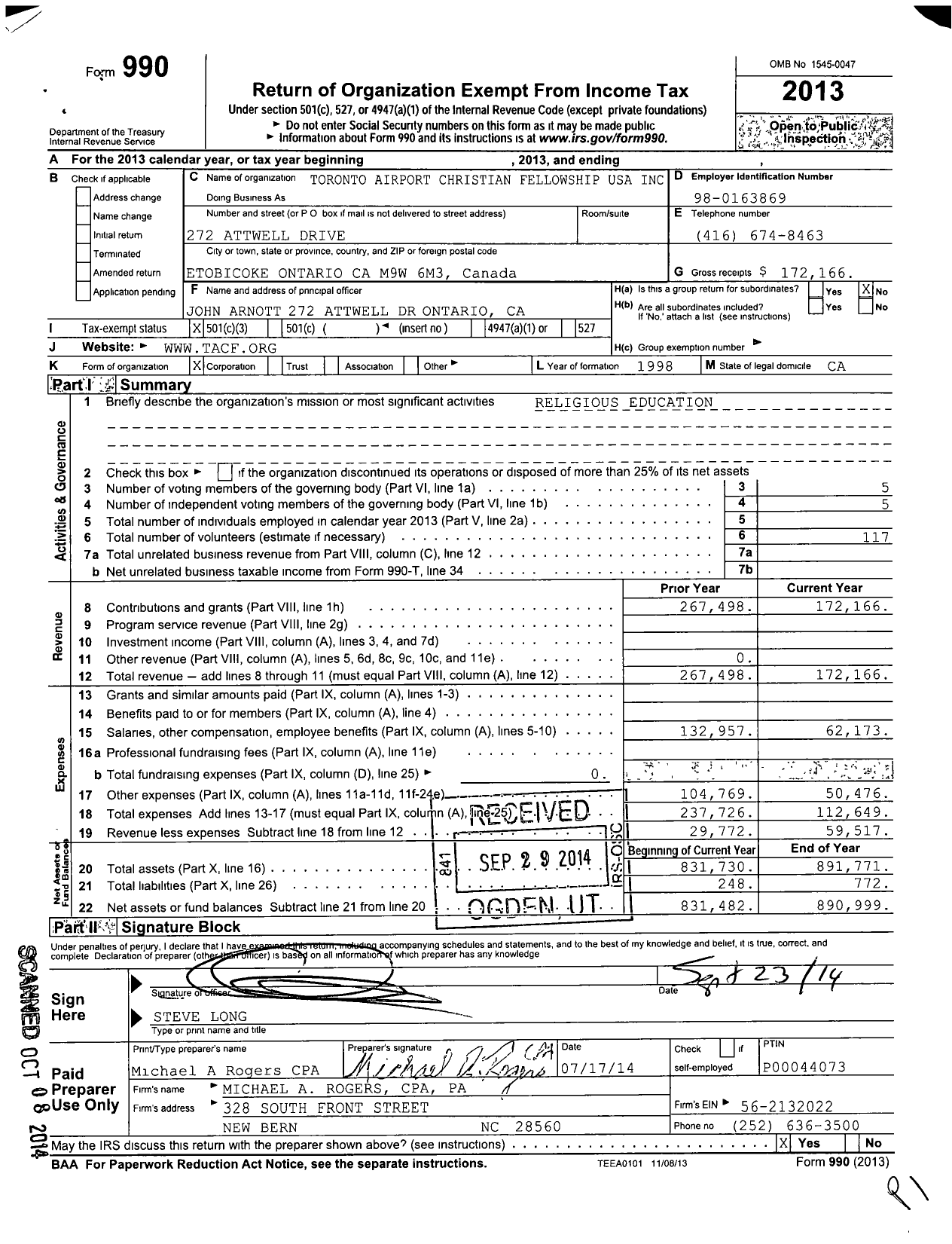 Image of first page of 2013 Form 990 for Toronto Airport Christian Fellowship USA