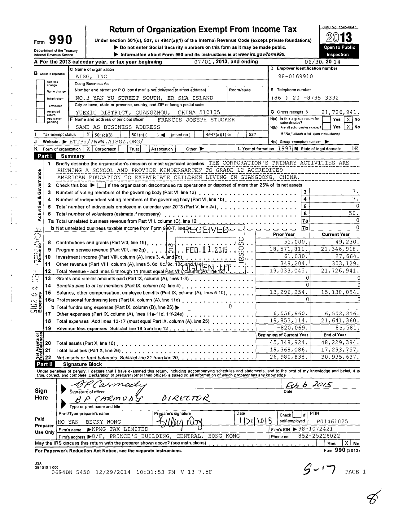 Image of first page of 2013 Form 990 for Aisg