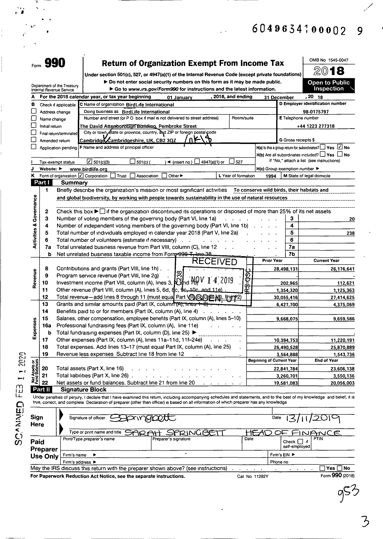 Image of first page of 2018 Form 990 for Birdlife International