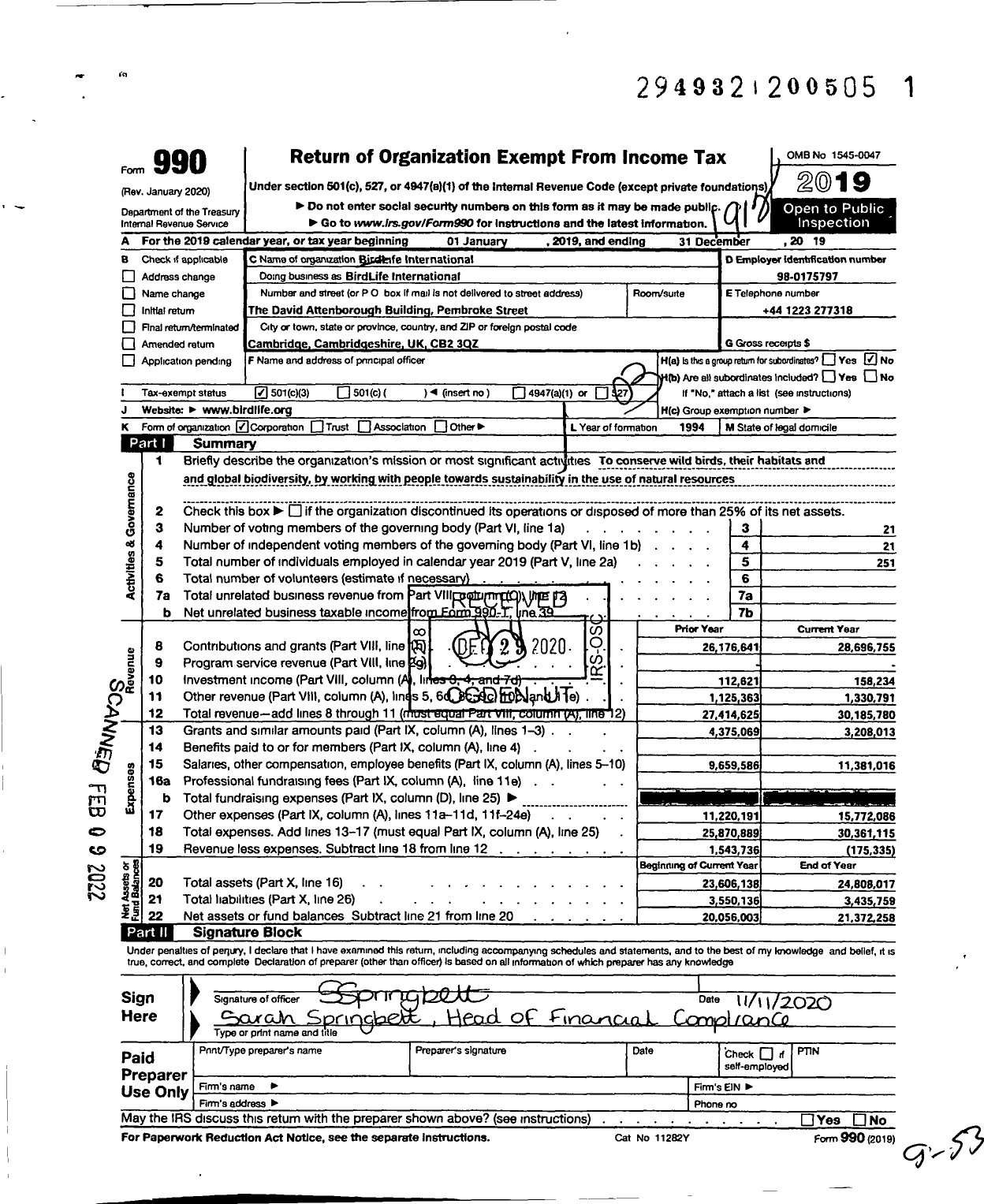 Image of first page of 2019 Form 990 for Birdlife International