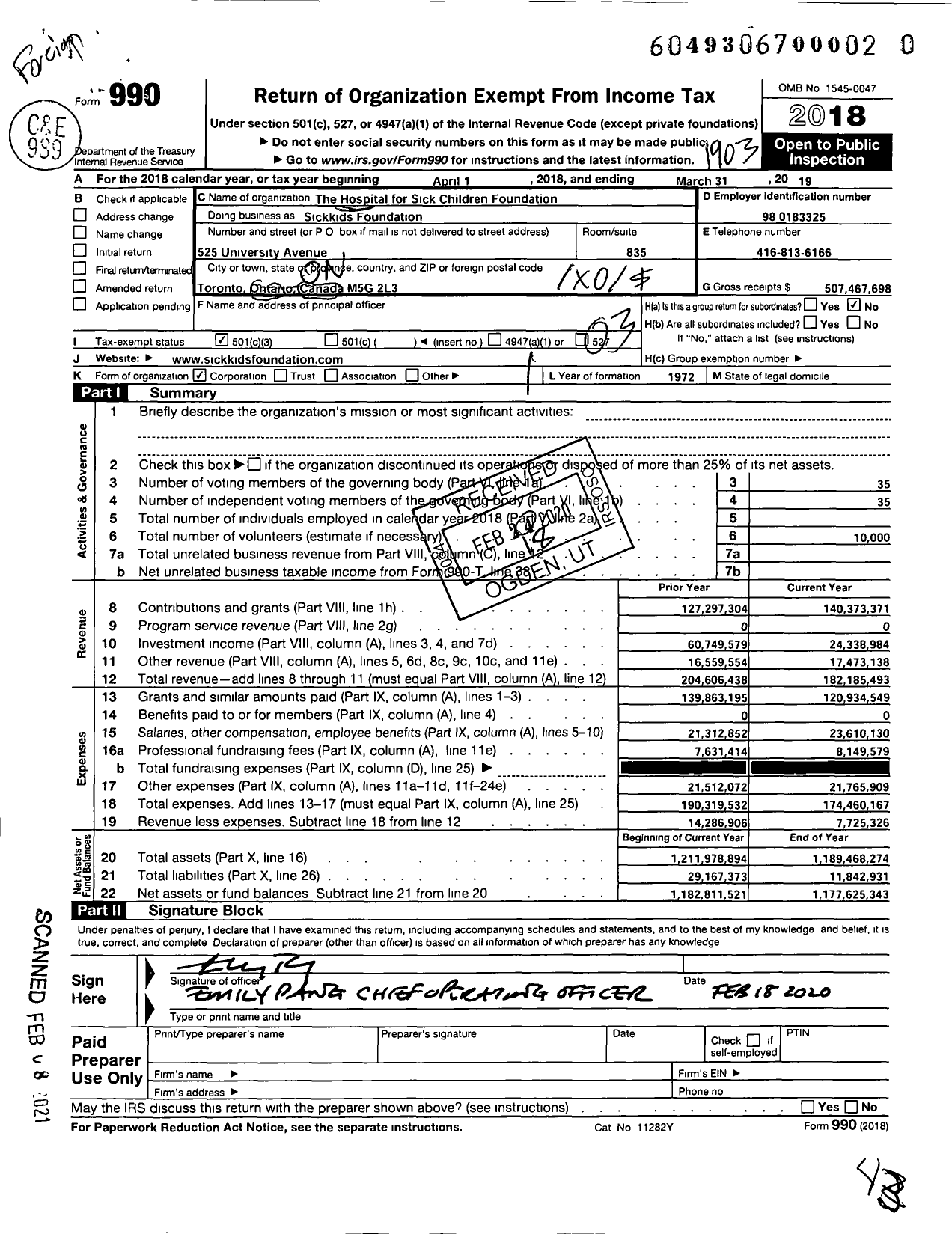 Image of first page of 2018 Form 990 for SickKids Foundation