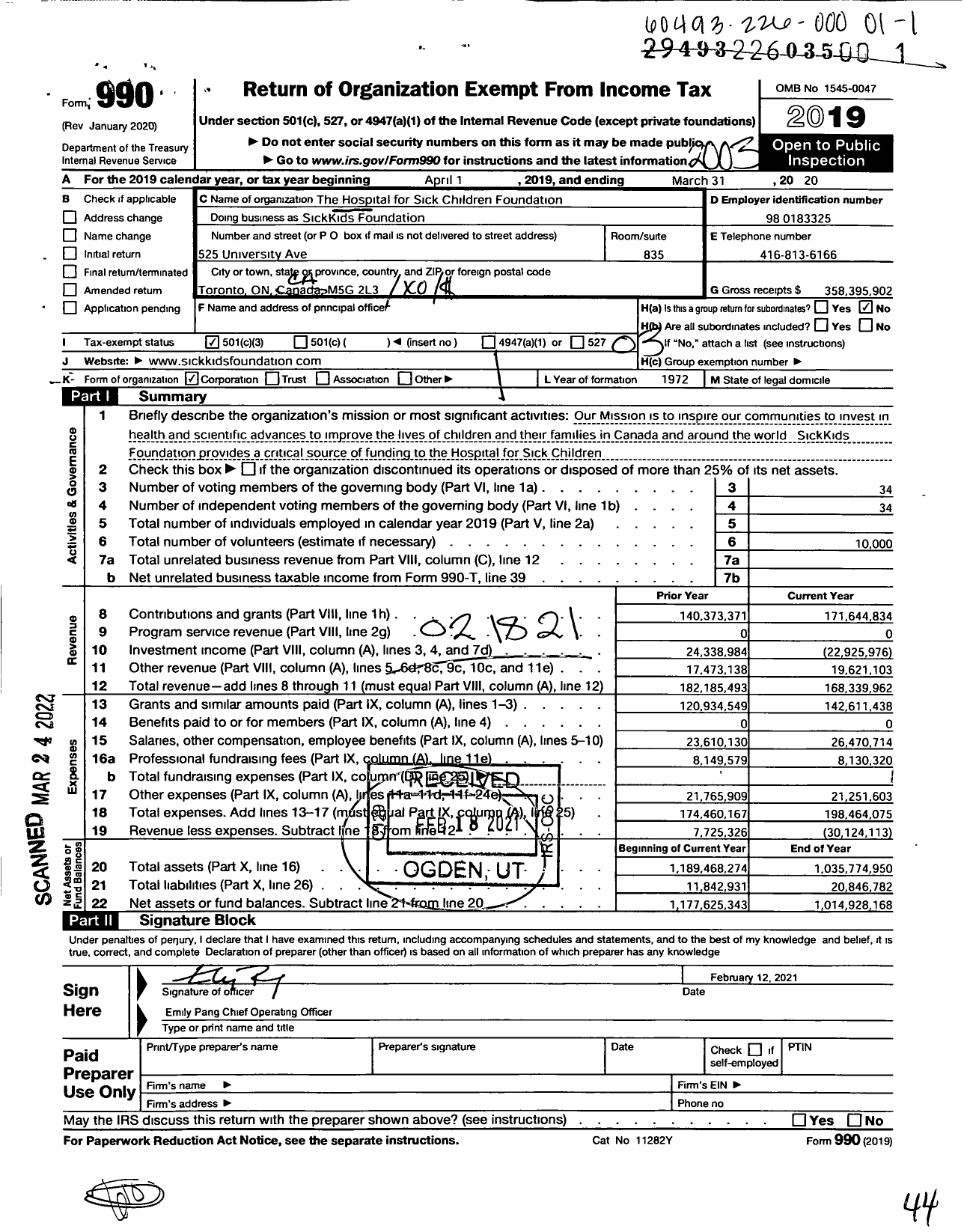 Image of first page of 2019 Form 990 for SickKids Foundation