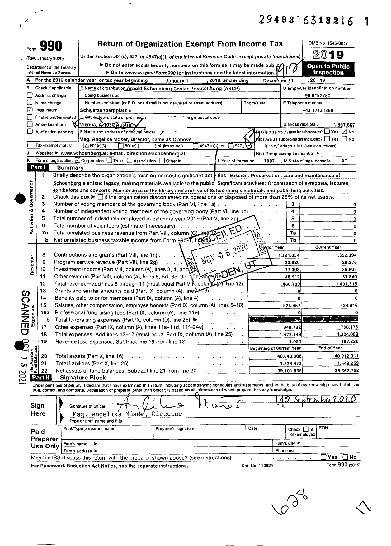 Image of first page of 2019 Form 990 for Arnold Schoenberg Center Privatstiftung
