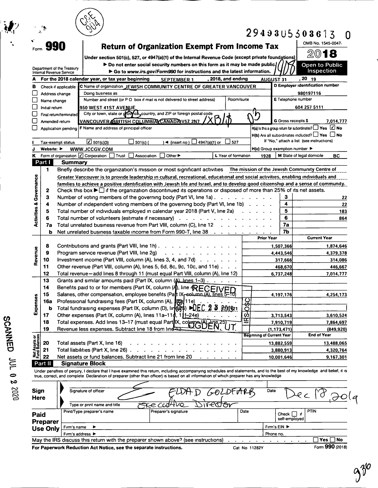 Image of first page of 2018 Form 990 for Jewish Community Centre of Greater Vancouver