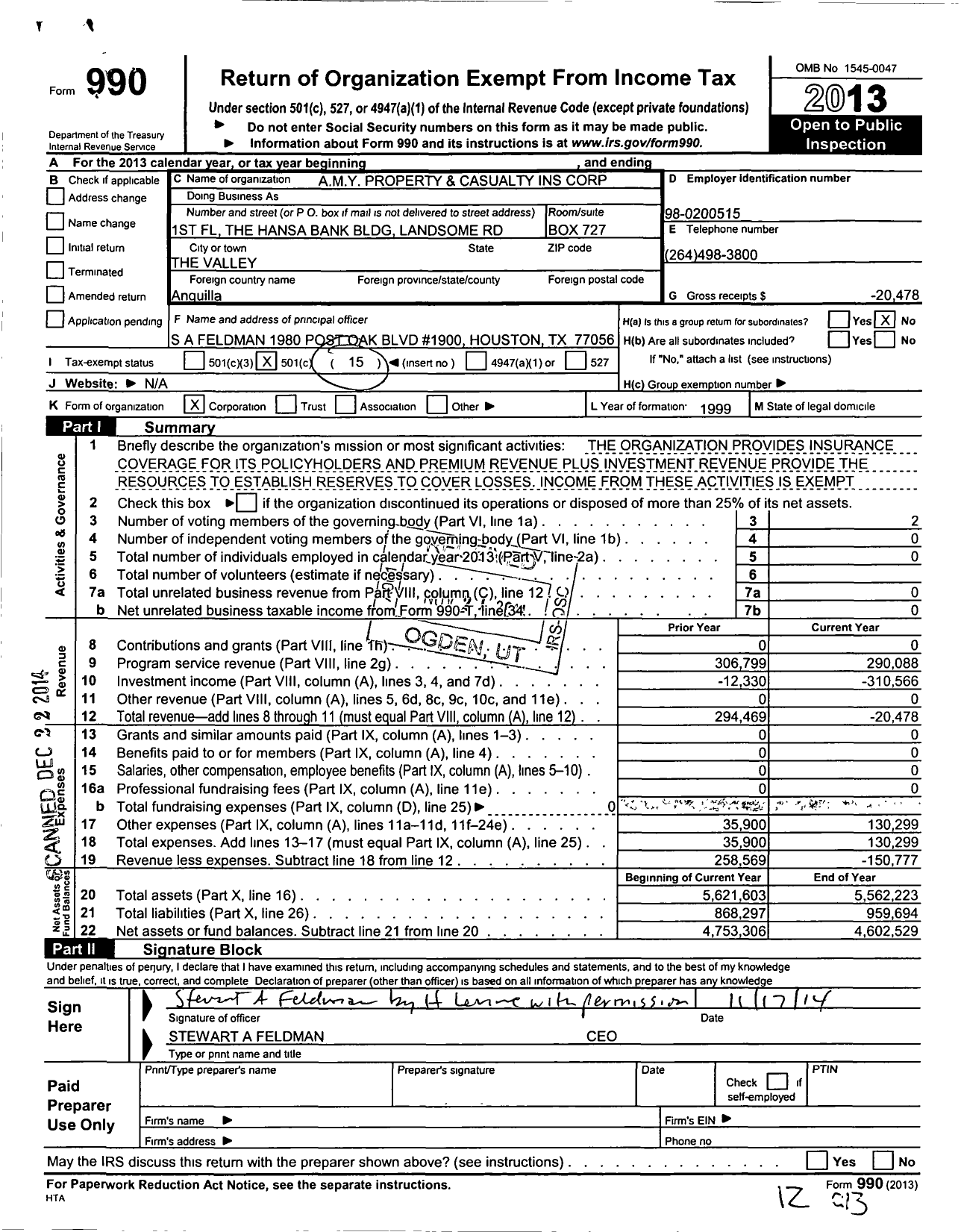 Image of first page of 2013 Form 990O for A M Y Property and Casualty Ins Corporation