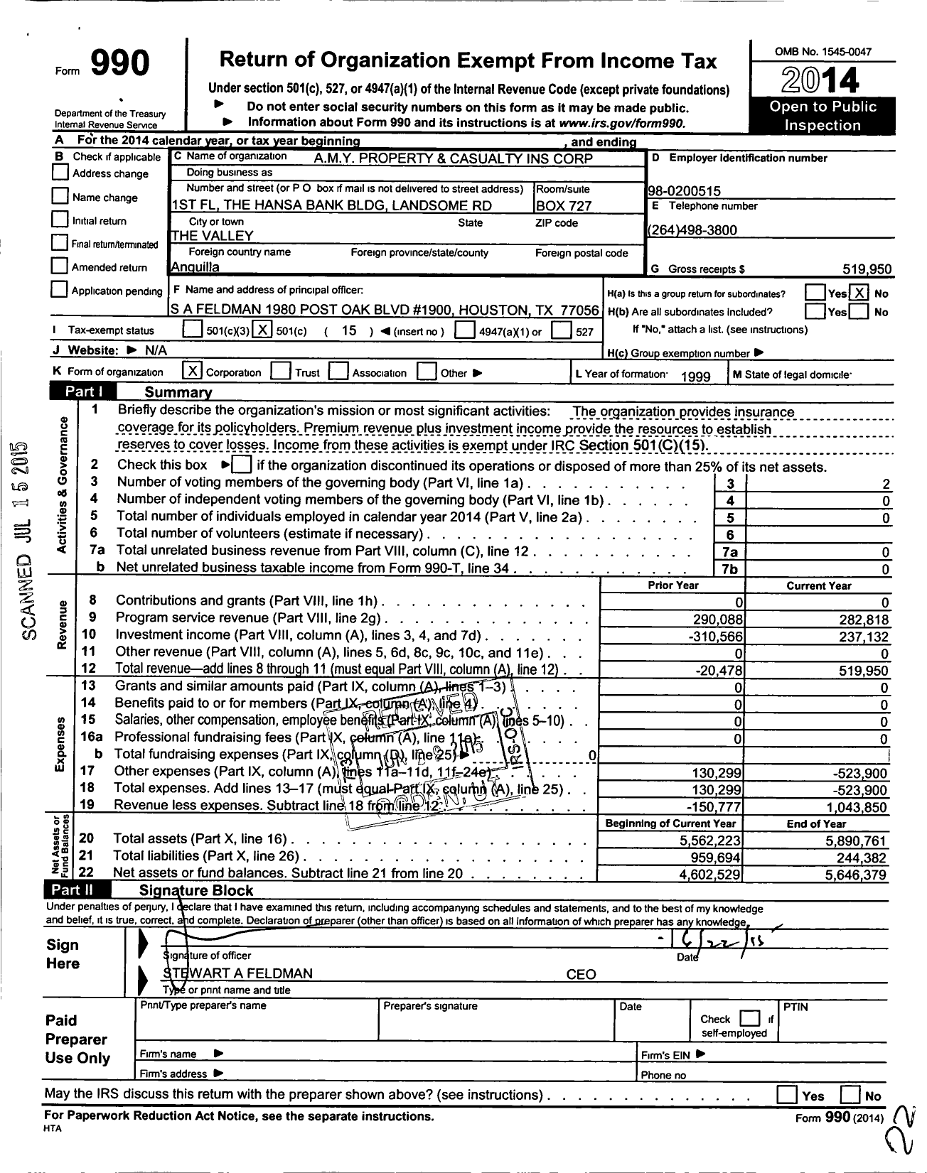 Image of first page of 2014 Form 990O for A M Y Property and Casualty Ins Corporation
