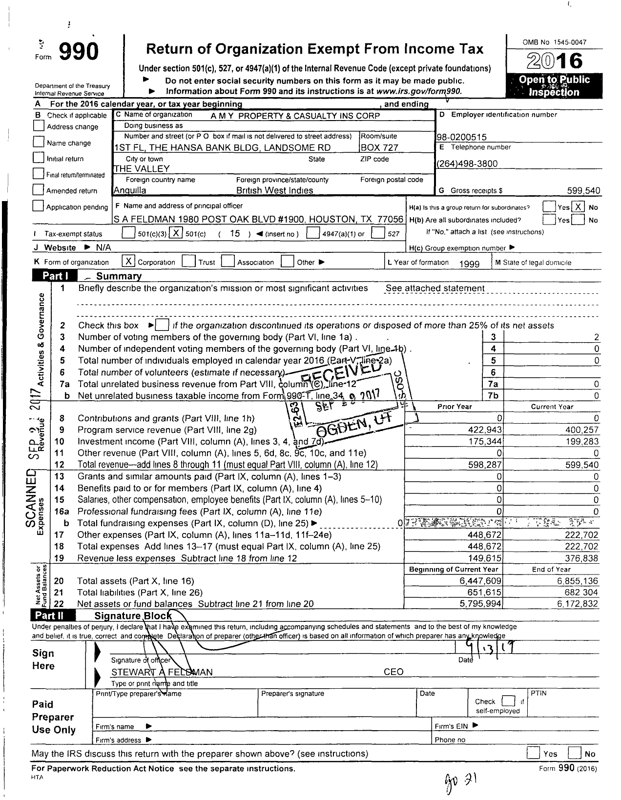 Image of first page of 2016 Form 990O for A M Y Property and Casualty Ins Corporation