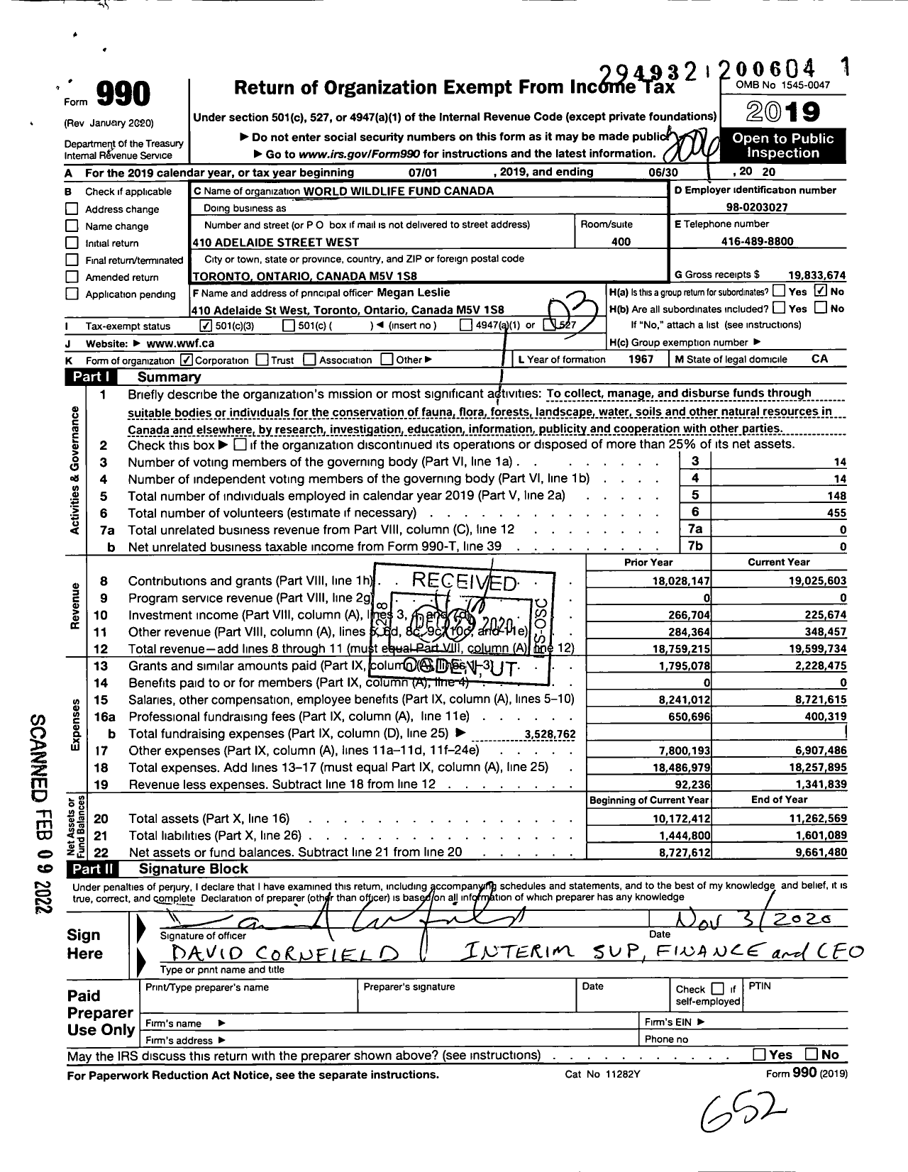 Image of first page of 2019 Form 990 for WWF-Canada