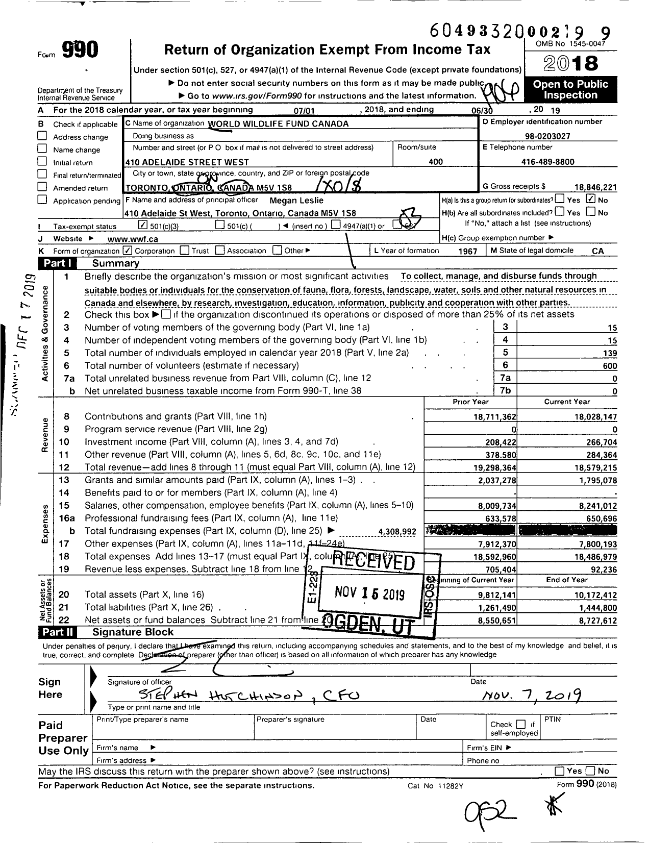 Image of first page of 2018 Form 990 for WWF-Canada