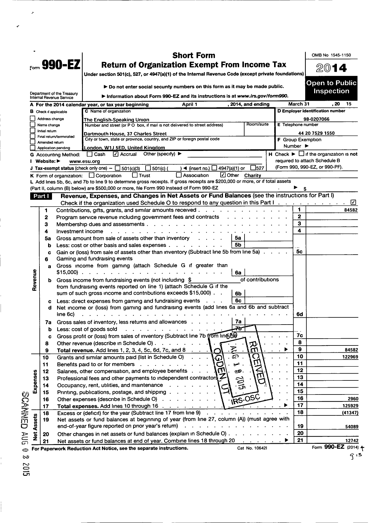 Image of first page of 2014 Form 990EO for English Speaking Union