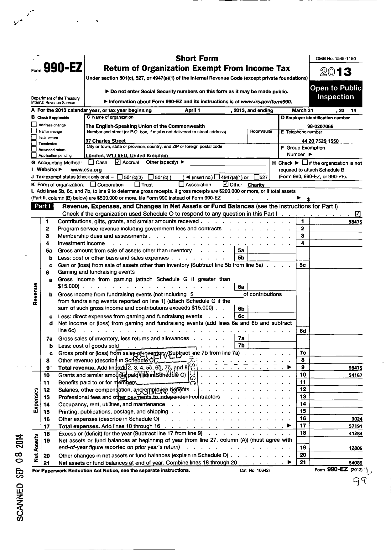 Image of first page of 2013 Form 990EO for English Speaking Union