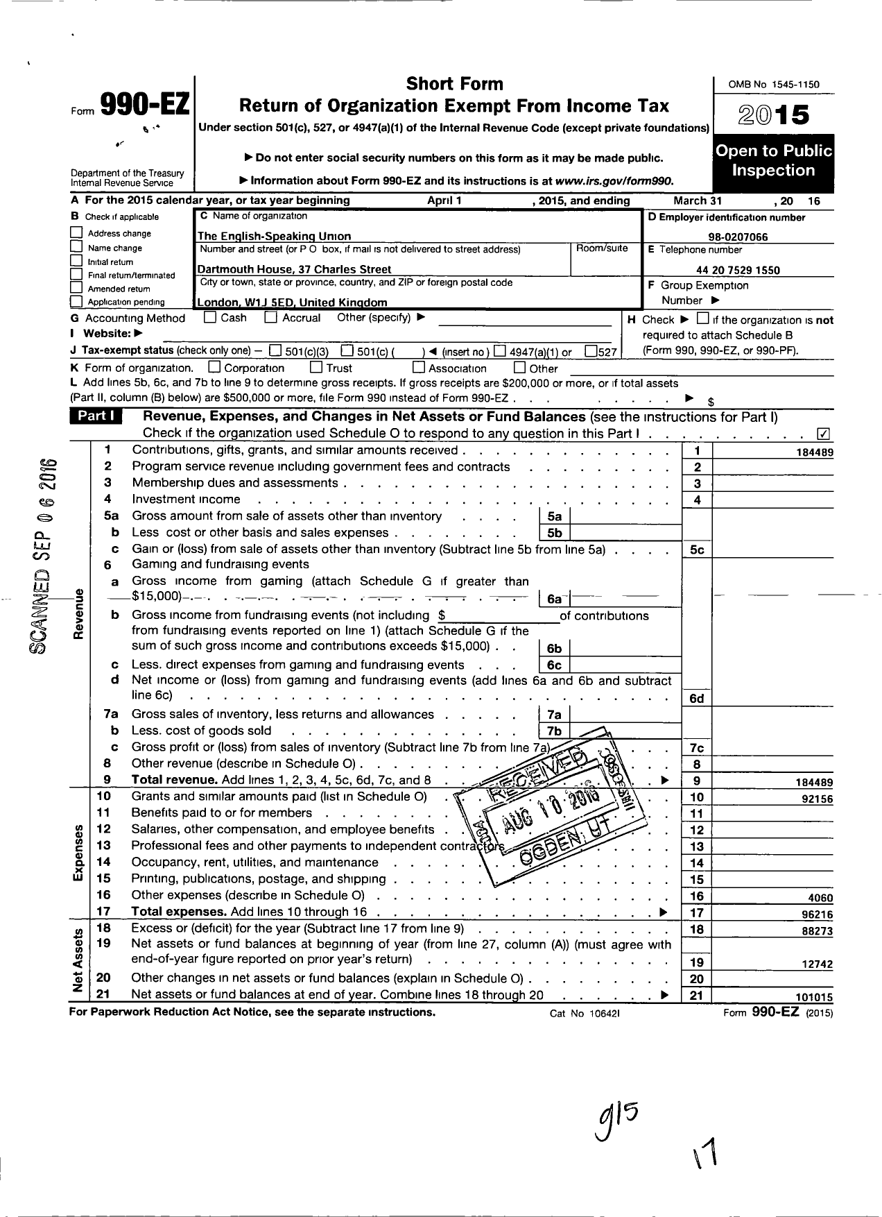 Image of first page of 2015 Form 990EO for English Speaking Union