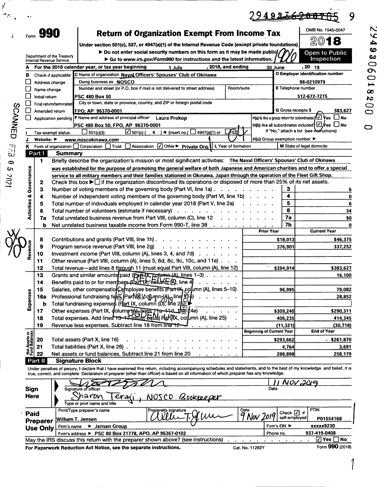 Image of first page of 2018 Form 990O for Naval Officers Spouses Club of Okinawa (NOSCO)