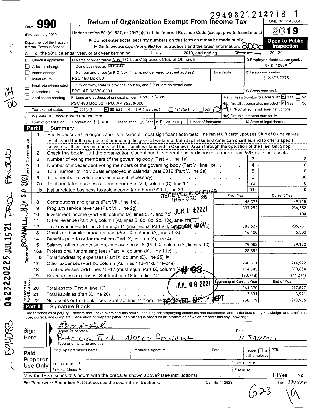 Image of first page of 2019 Form 990O for Naval Officers Spouses Club of Okinawa (NOSCO)