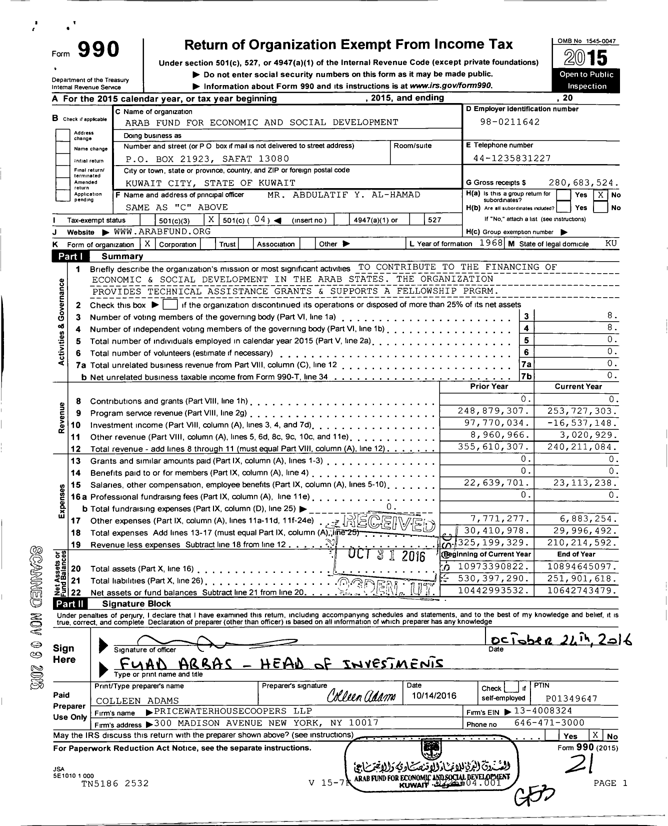 Image of first page of 2015 Form 990O for Arab Fund for Economic and Social Development