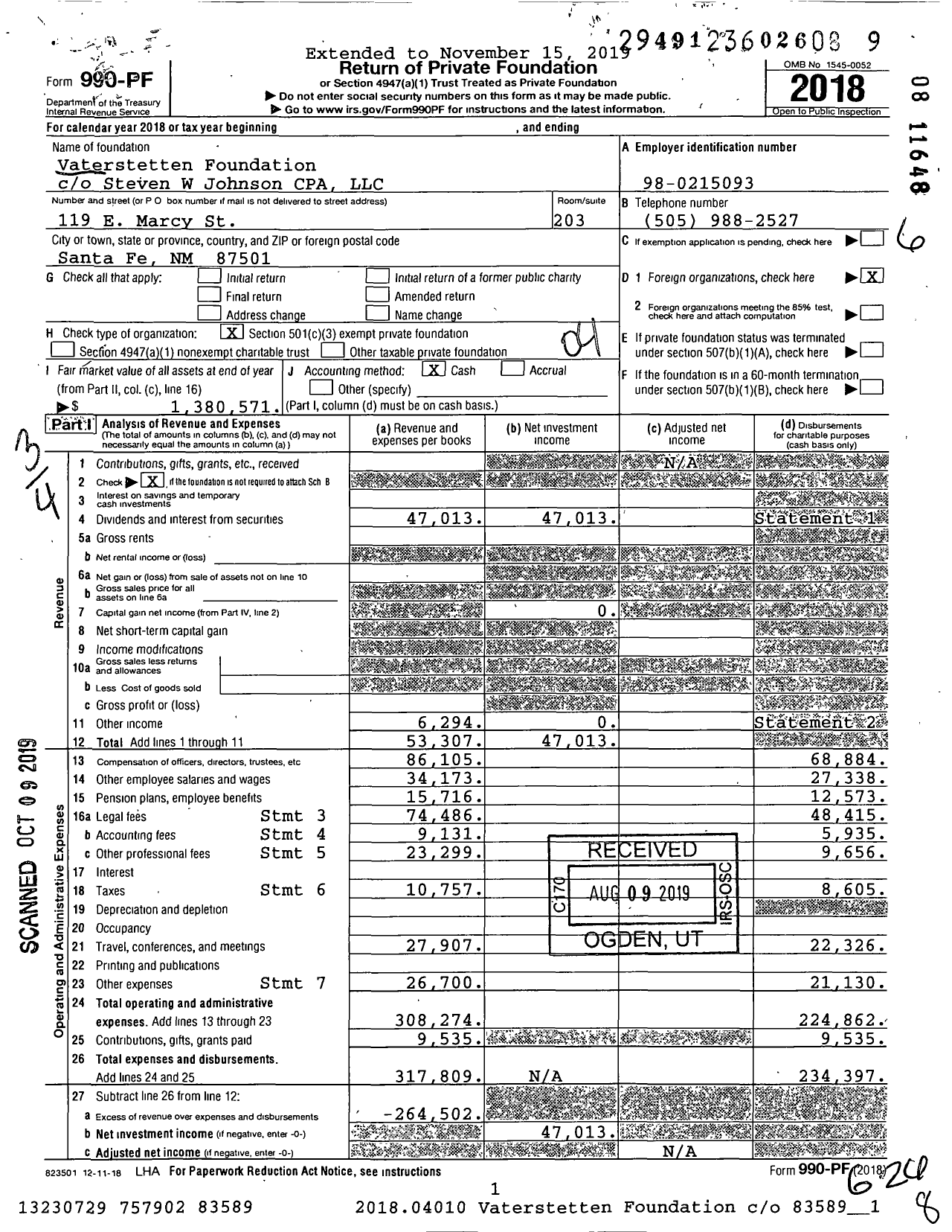 Image of first page of 2018 Form 990PF for Vaterstetten Foundation