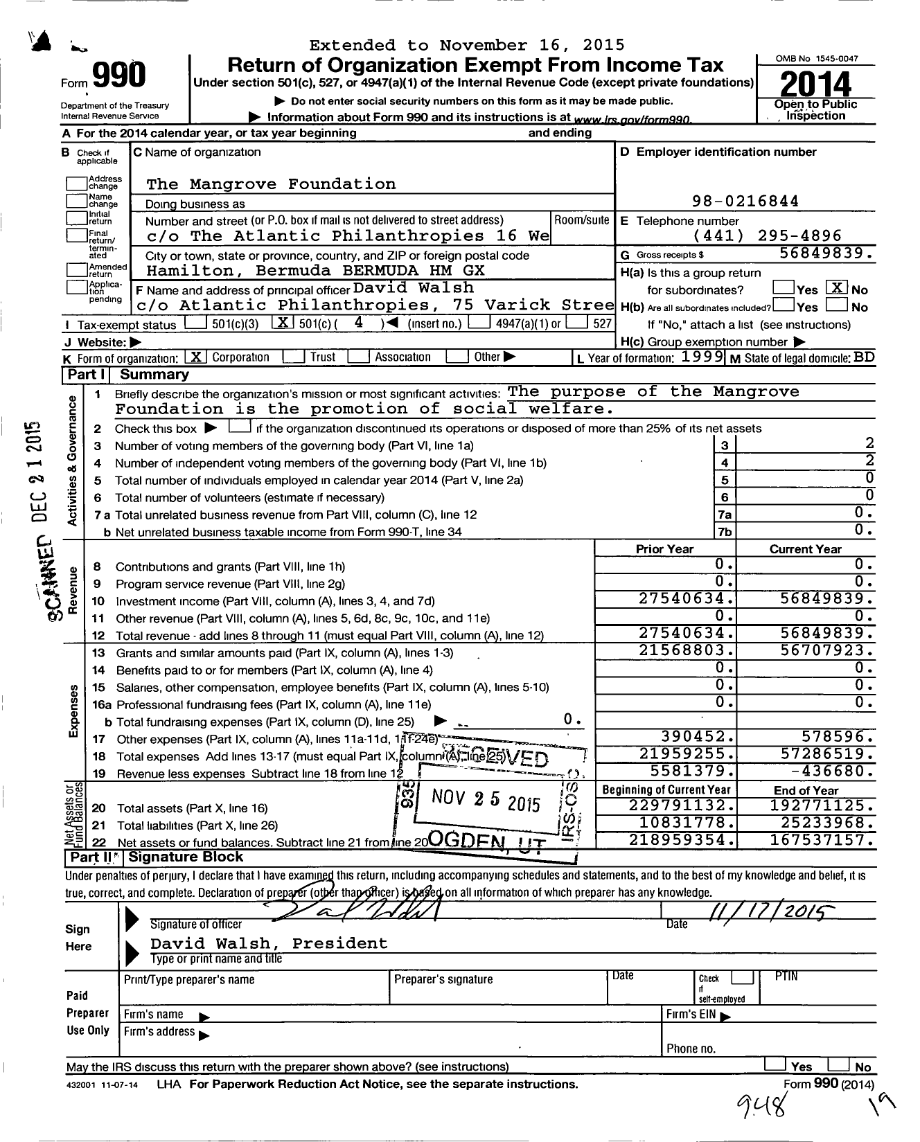 Image of first page of 2014 Form 990O for Mangrove Foundation