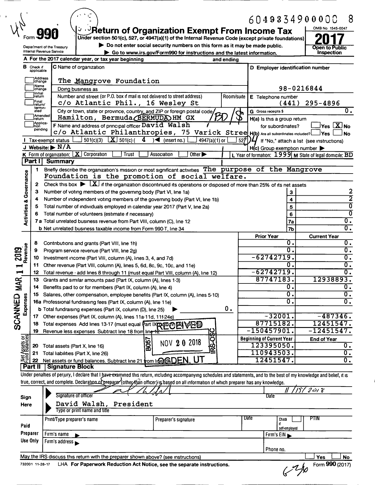 Image of first page of 2017 Form 990O for Mangrove Foundation