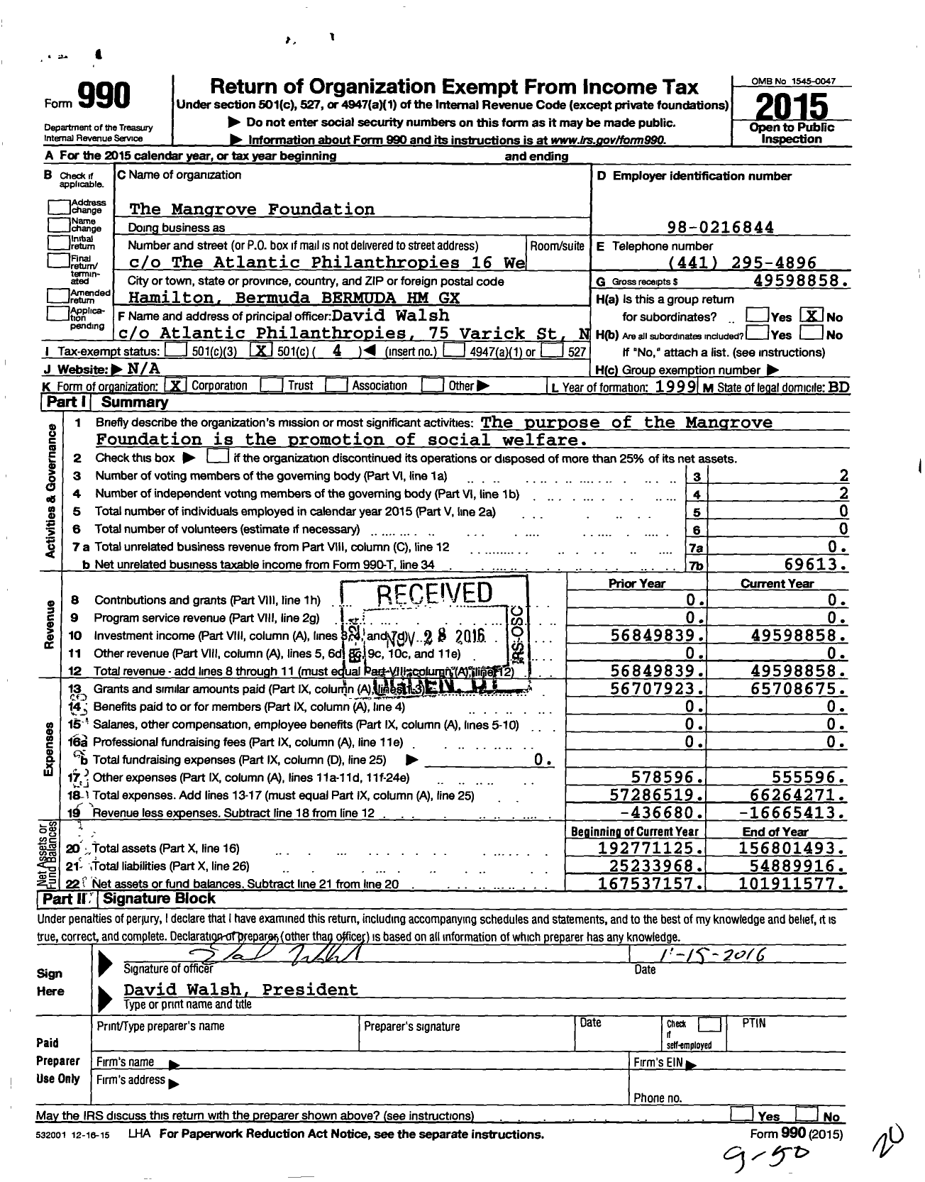 Image of first page of 2015 Form 990O for Mangrove Foundation