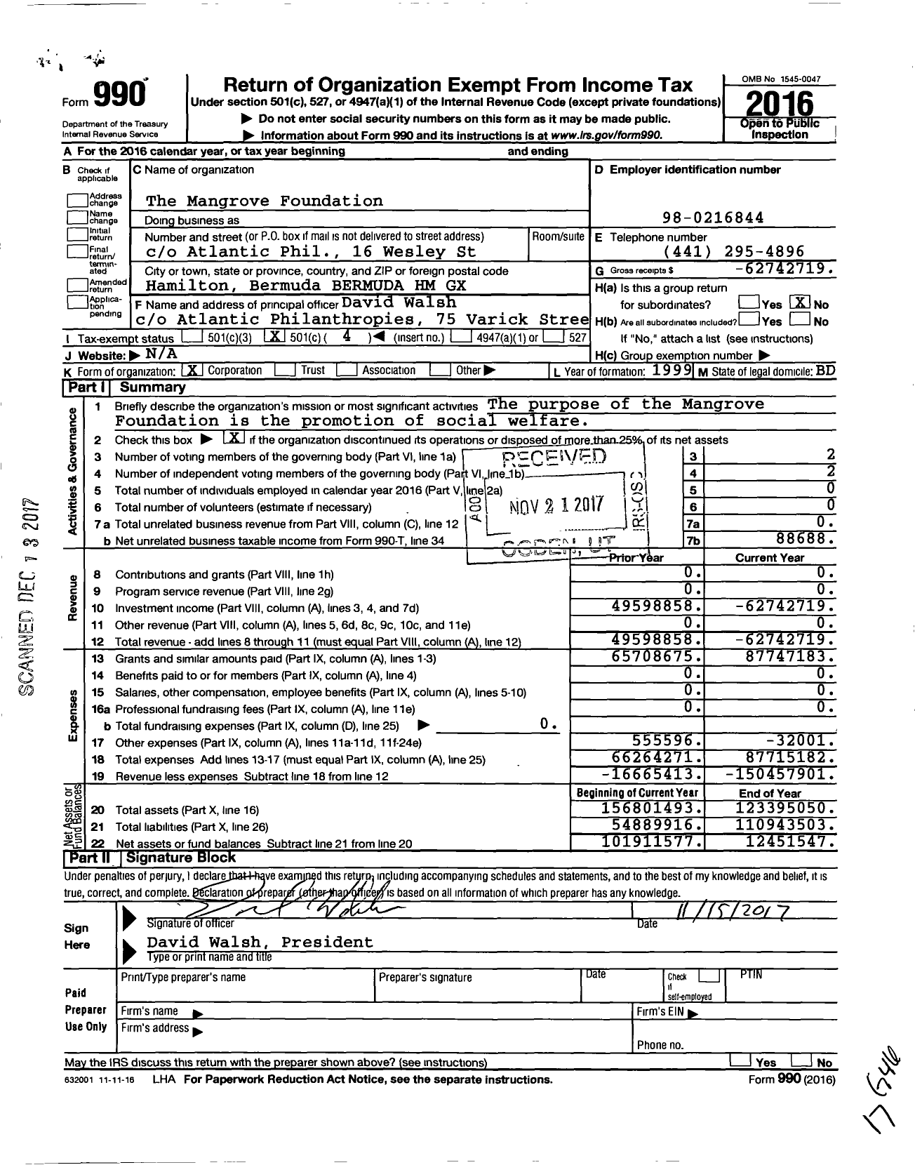 Image of first page of 2016 Form 990O for Mangrove Foundation