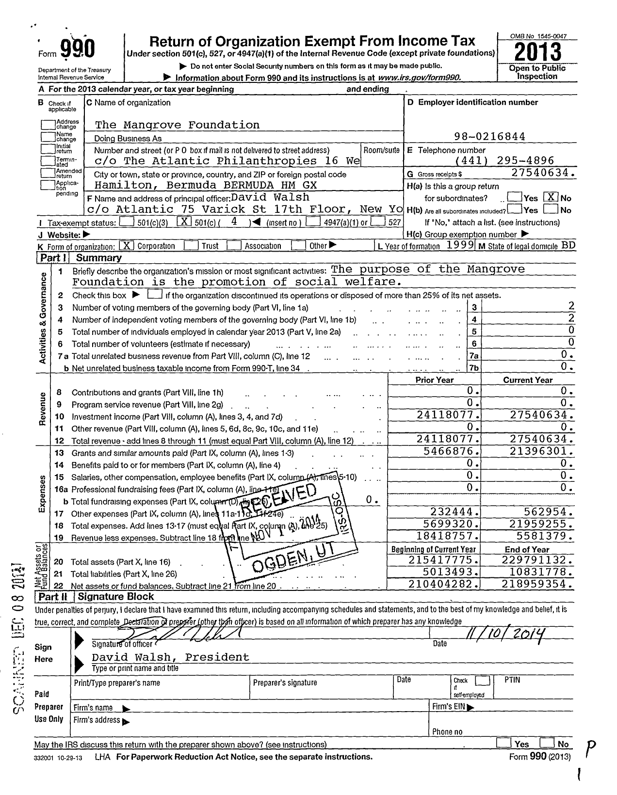 Image of first page of 2013 Form 990O for Mangrove Foundation