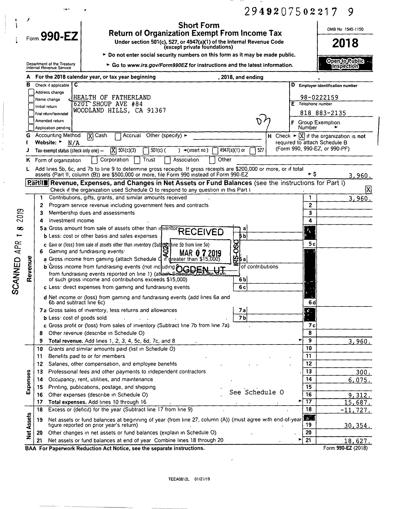 Image of first page of 2018 Form 990EZ for Health of Fatherland