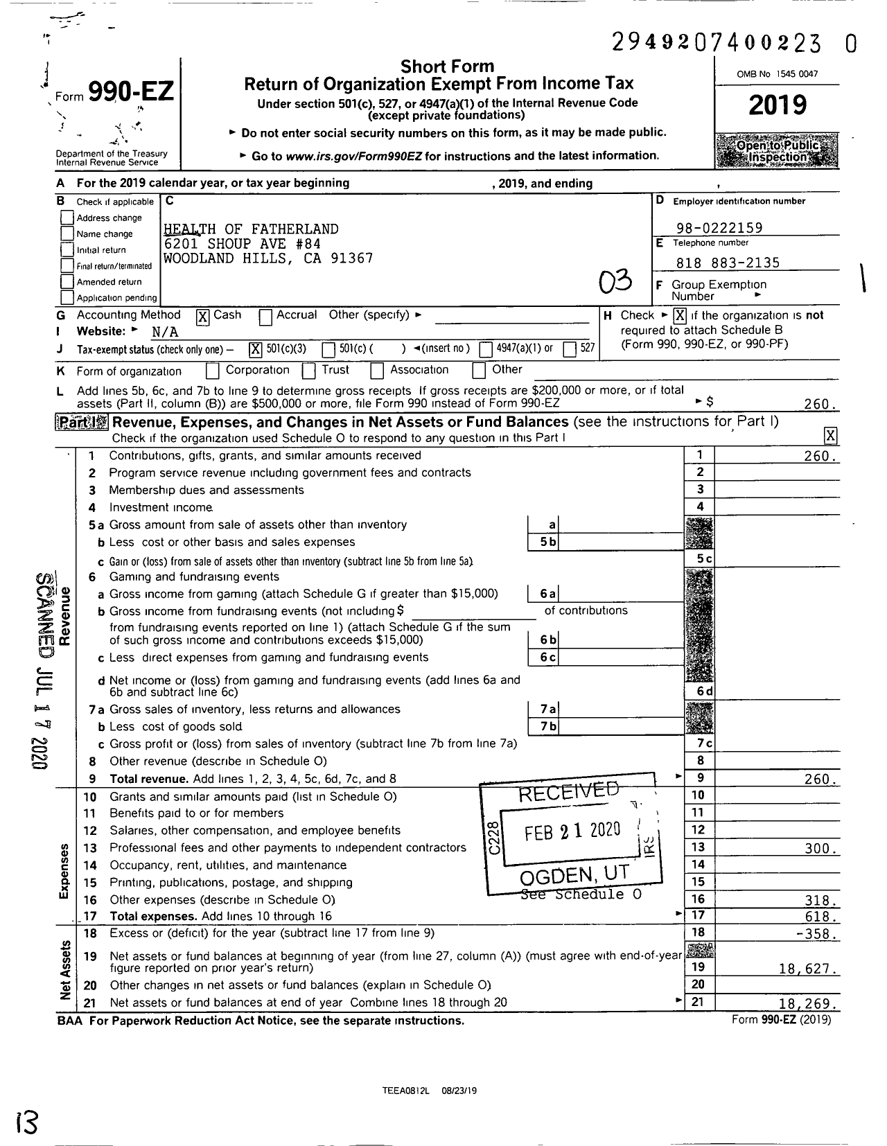 Image of first page of 2019 Form 990EZ for Health of Fatherland