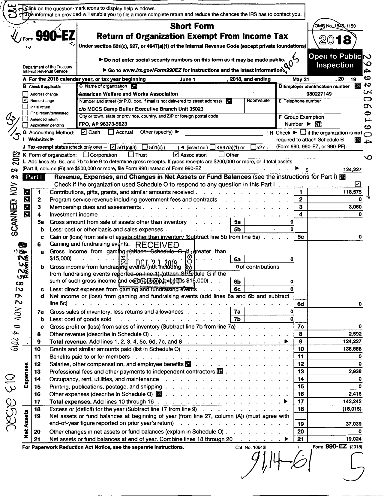 Image of first page of 2018 Form 990EZ for AMERICAN Welfare AND WORKS ASSOCIATION