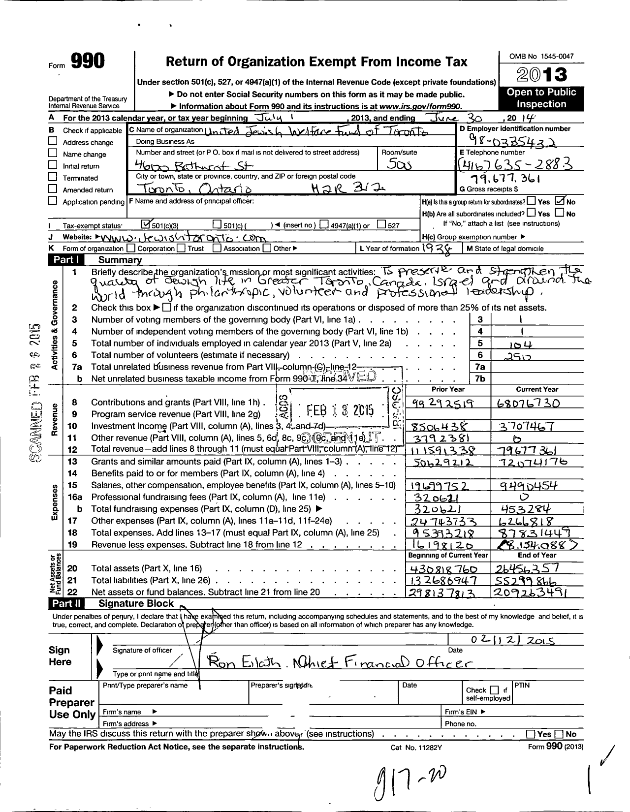 Image of first page of 2013 Form 990 for UJA Federation of Greater Toronto