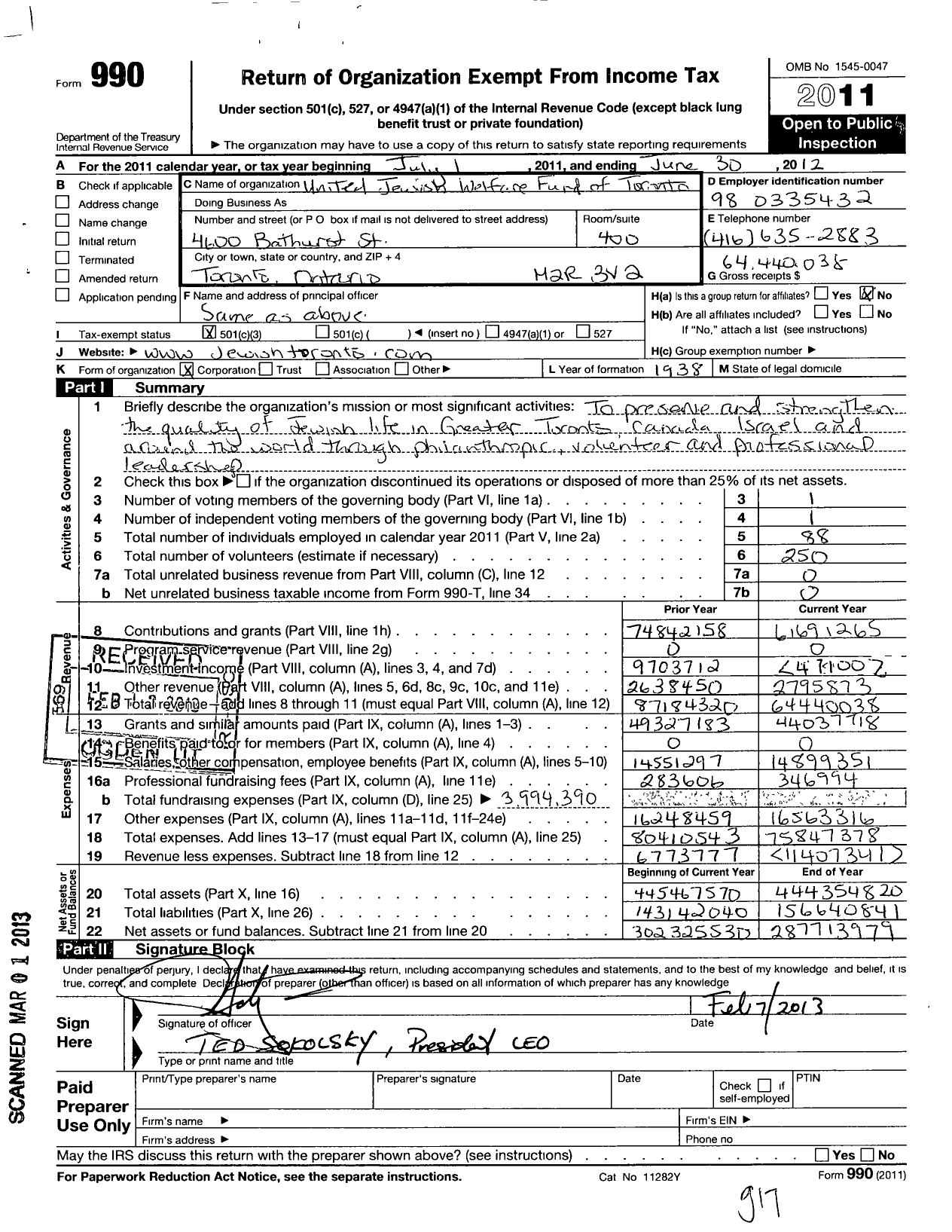 Image of first page of 2011 Form 990 for UJA Federation of Greater Toronto