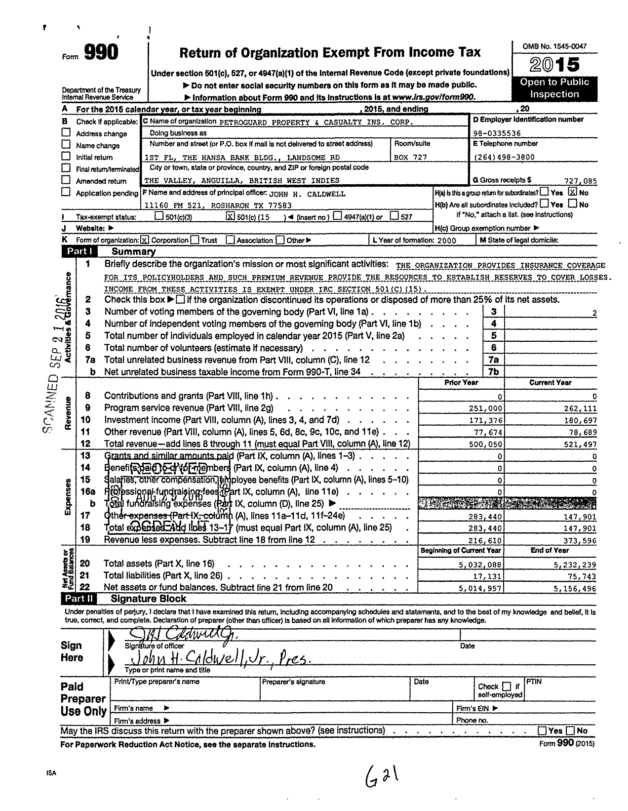 Image of first page of 2015 Form 990O for Petroguard Property and Casualty Corporation
