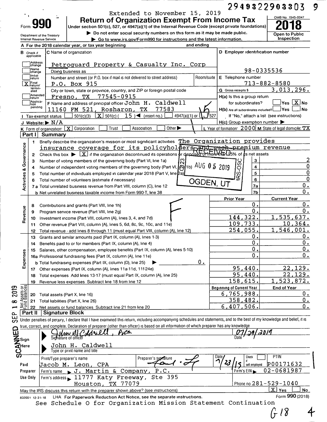 Image of first page of 2018 Form 990O for Petroguard Property and Casualty Corporation