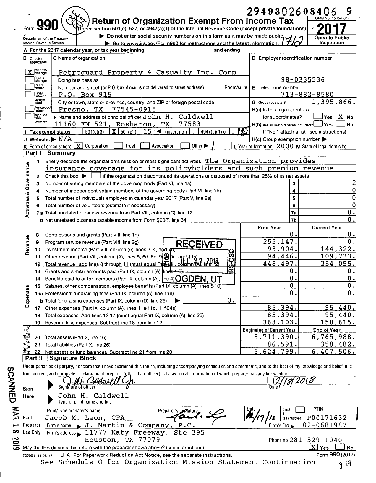 Image of first page of 2017 Form 990O for Petroguard Property and Casualty Corporation