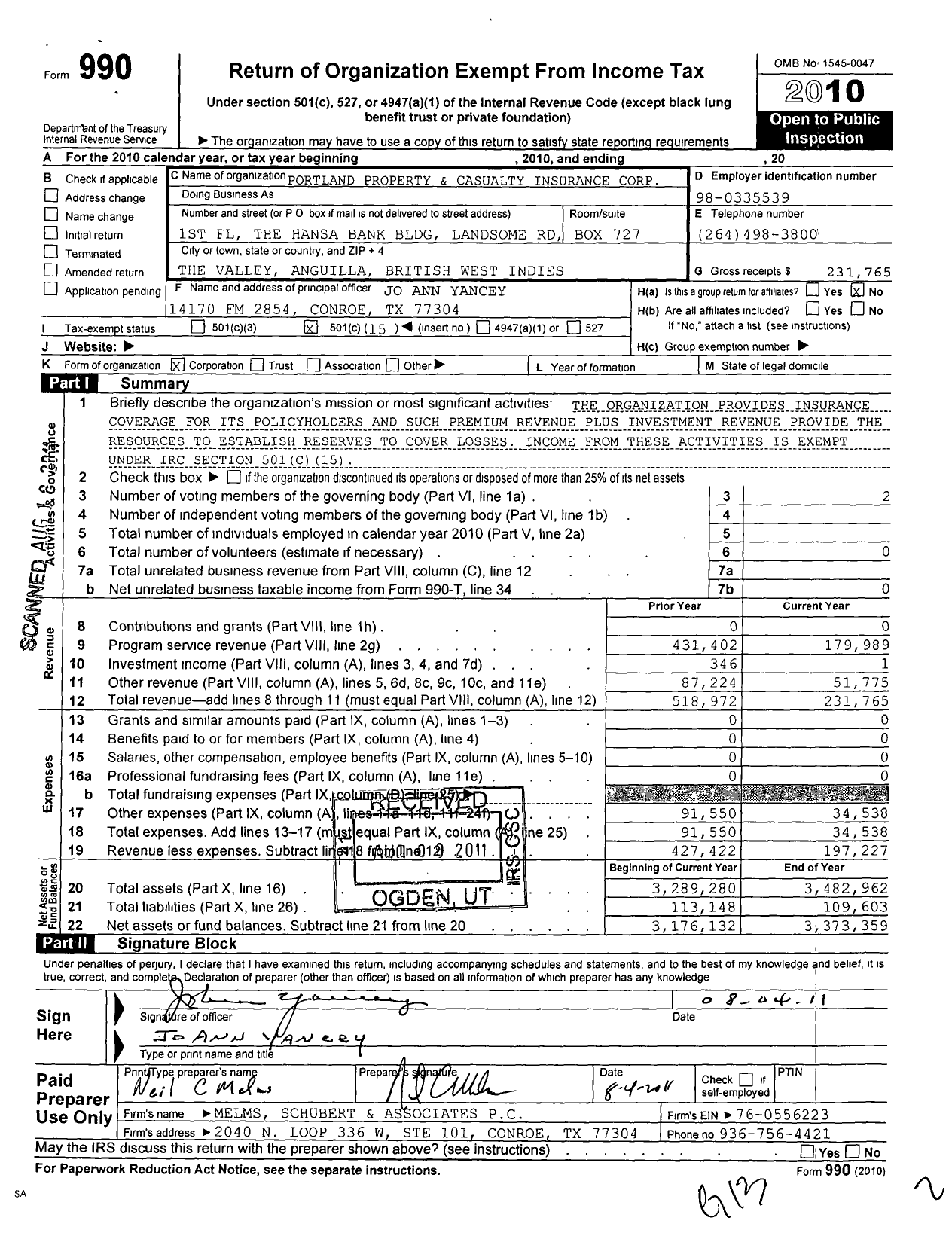 Image of first page of 2010 Form 990O for Portland Property and Casualty Ins Corporation