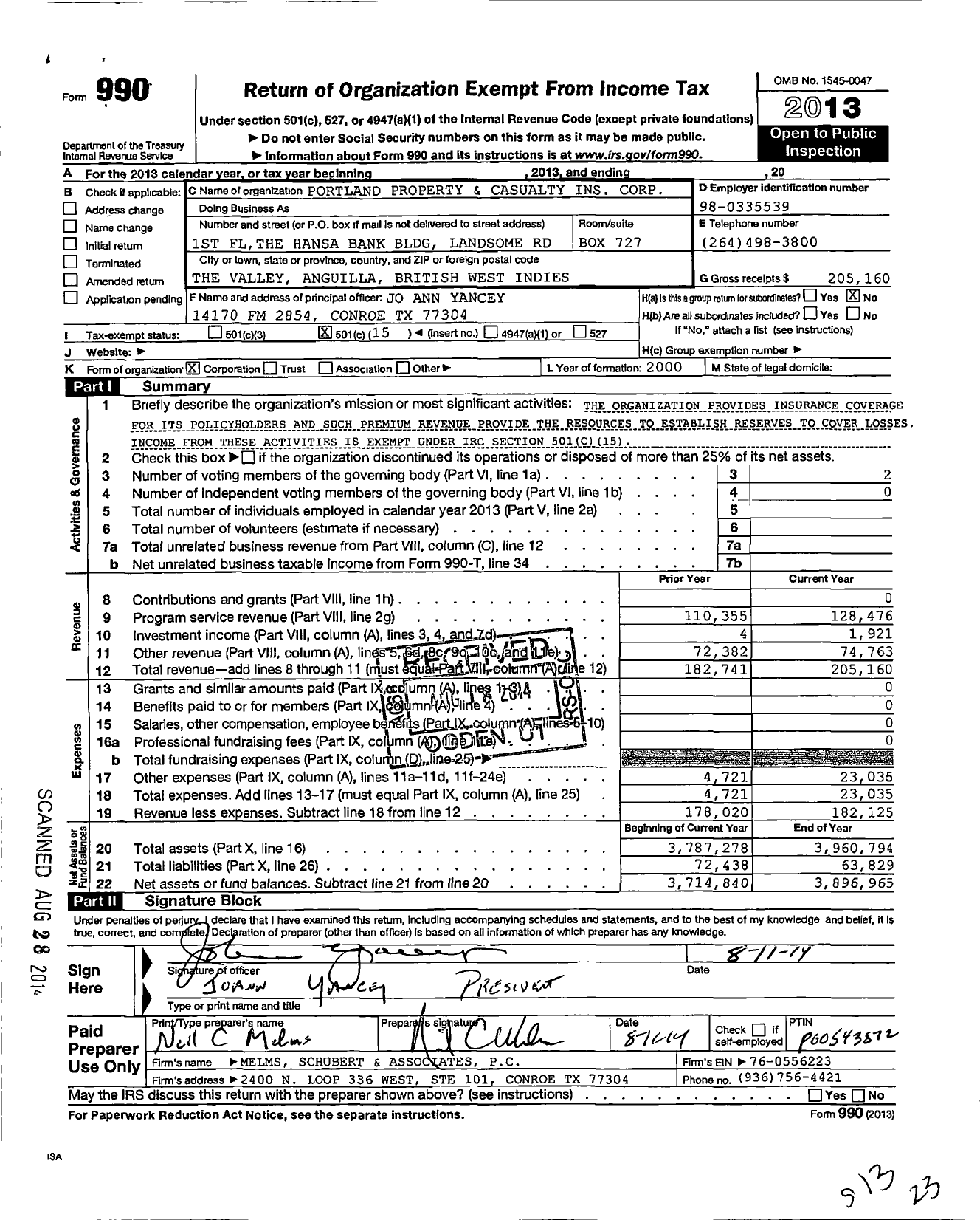 Image of first page of 2013 Form 990O for Portland Property and Casualty Ins Corporation
