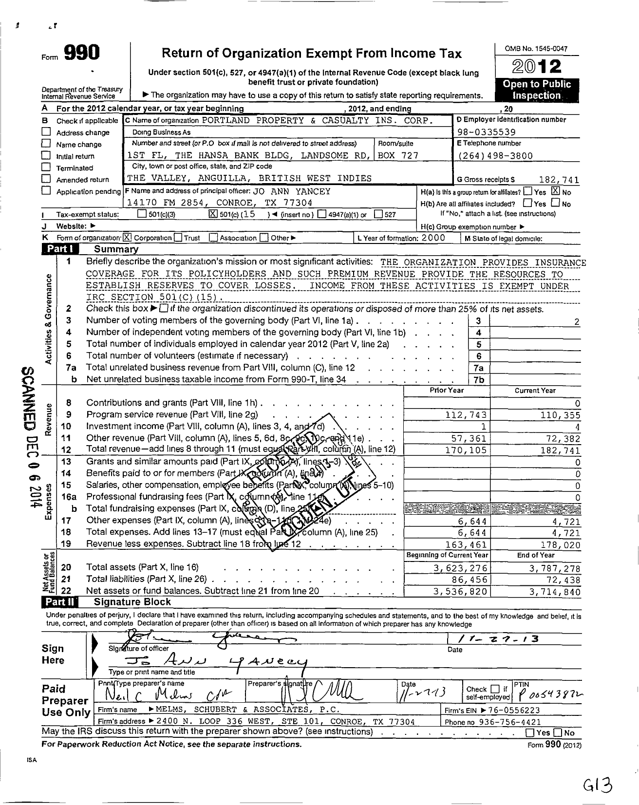 Image of first page of 2012 Form 990O for Portland Property and Casualty Ins Corporation