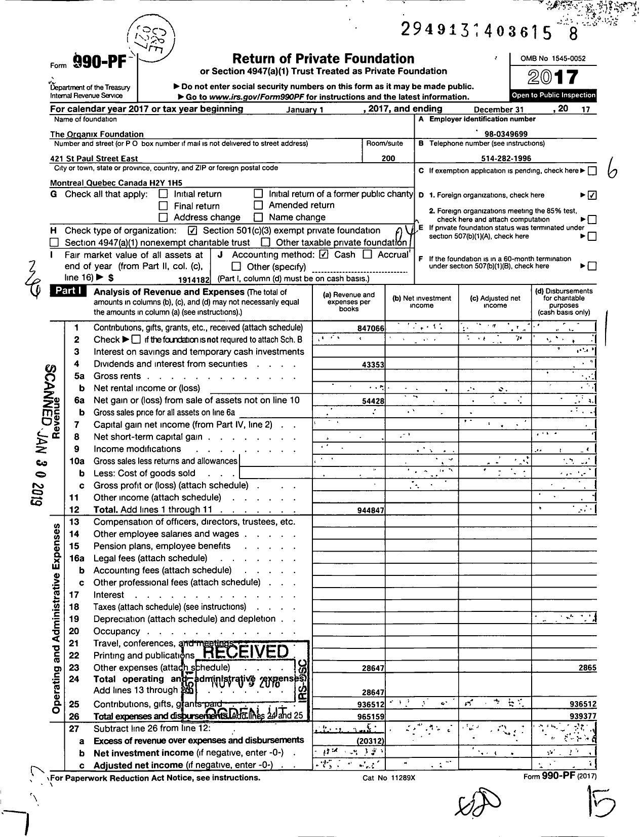 Image of first page of 2017 Form 990PF for The Organix Foundation