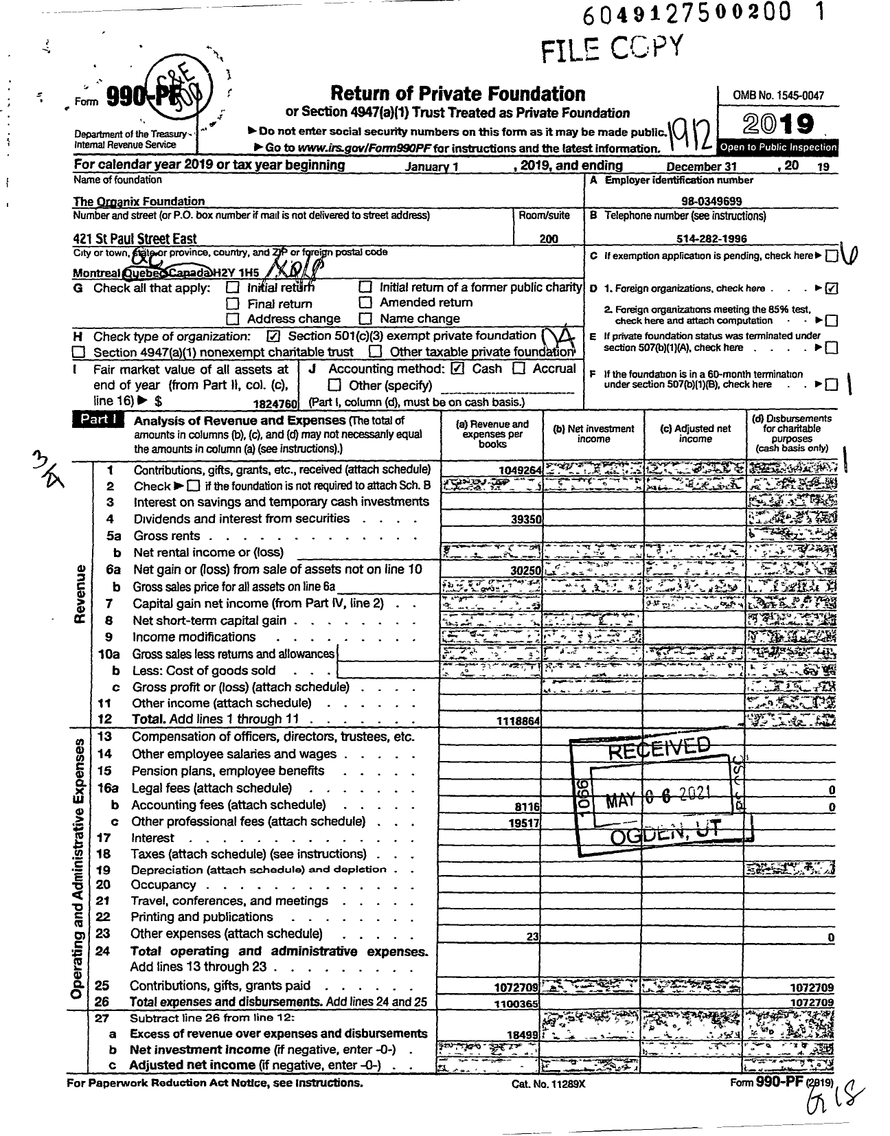 Image of first page of 2019 Form 990PF for The Organix Foundation