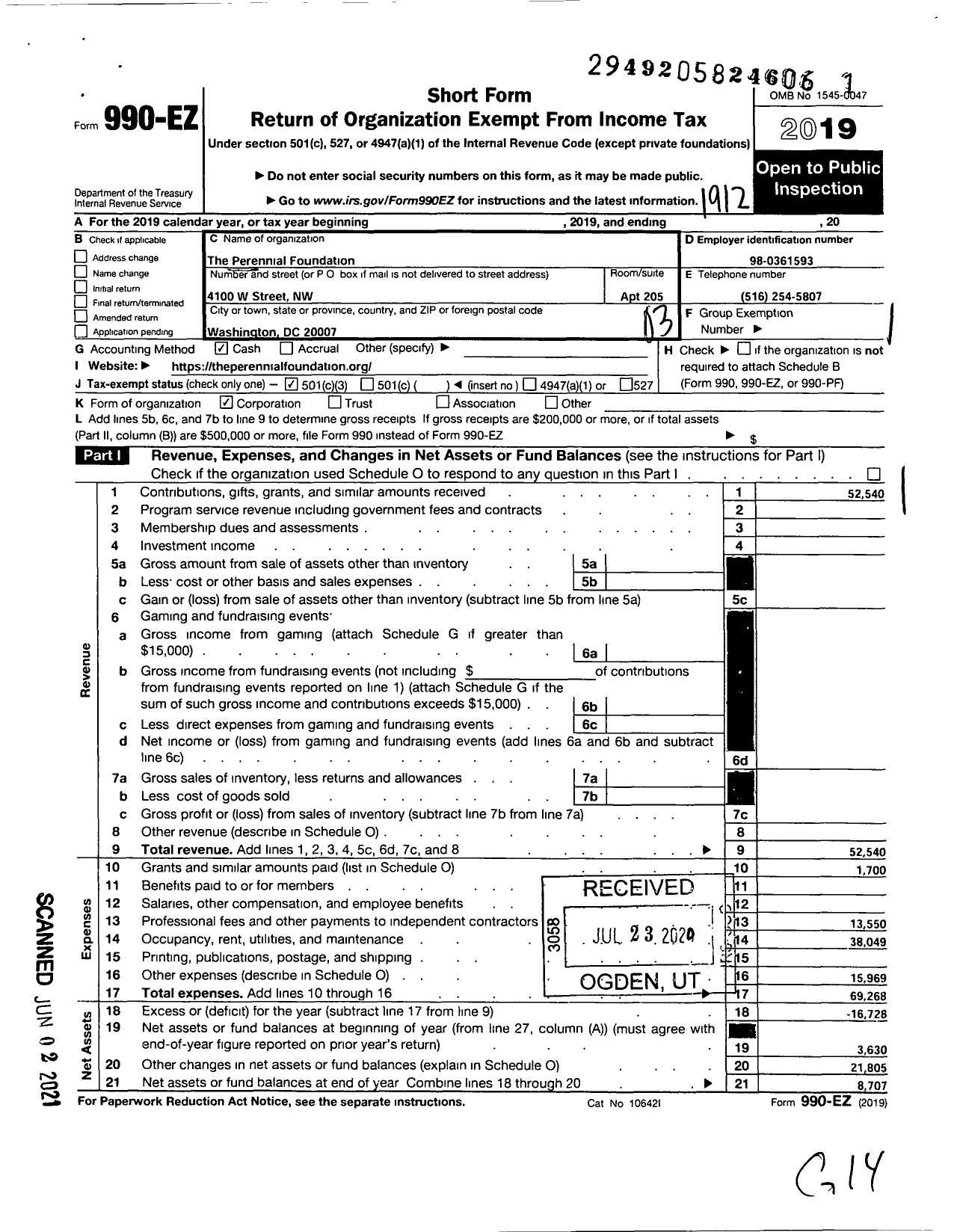 Image of first page of 2019 Form 990EZ for The Perennial Foundation