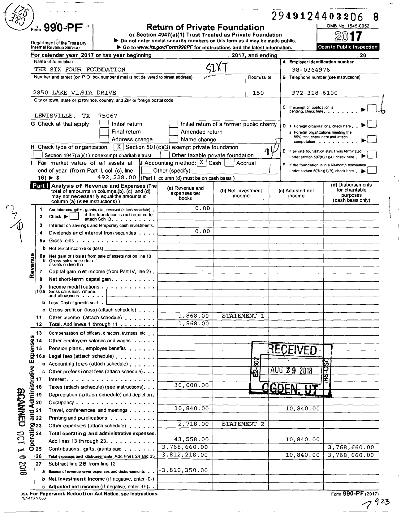 Image of first page of 2017 Form 990PF for The Six Four Foundation