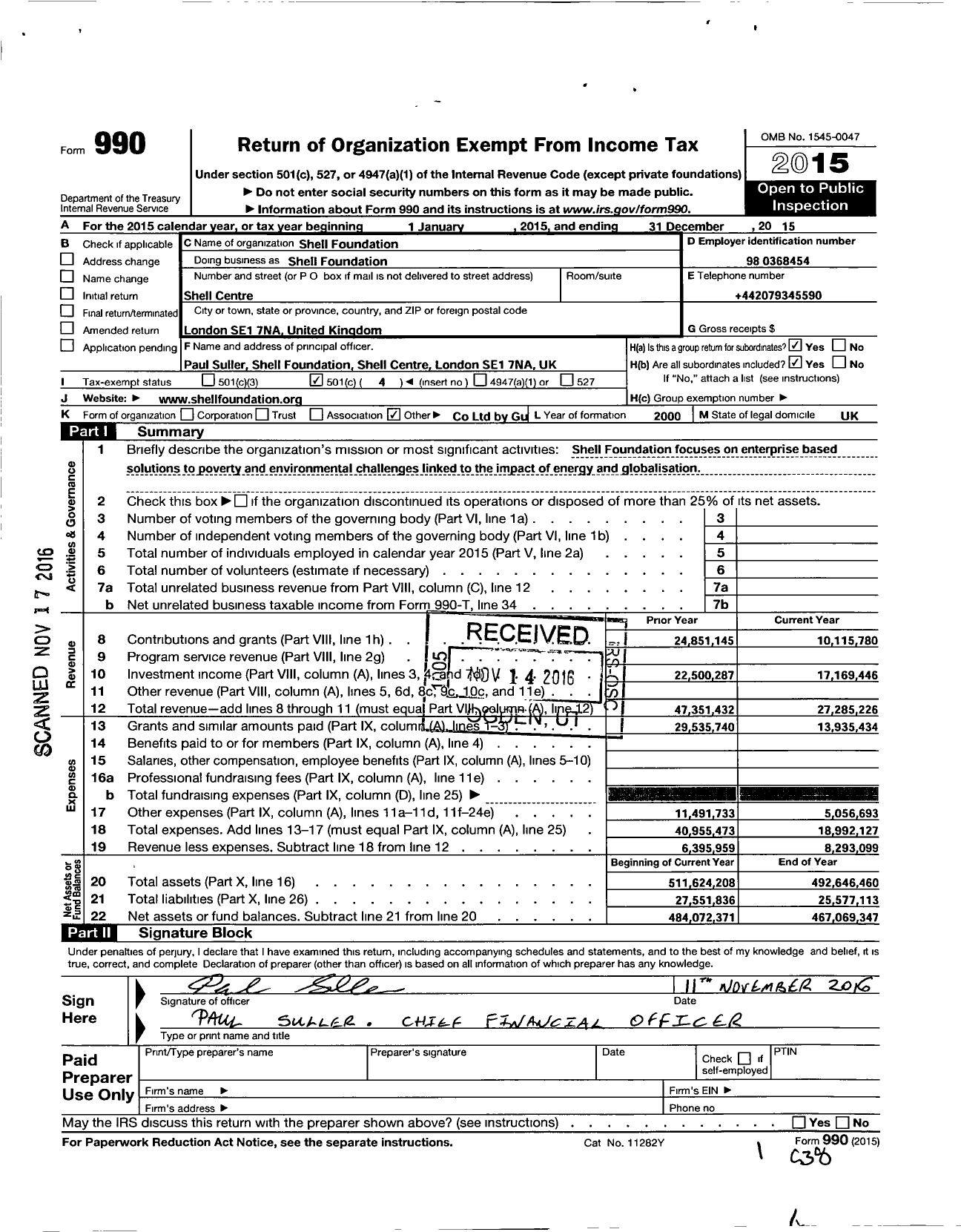 Image of first page of 2015 Form 990O for Shell Foundation