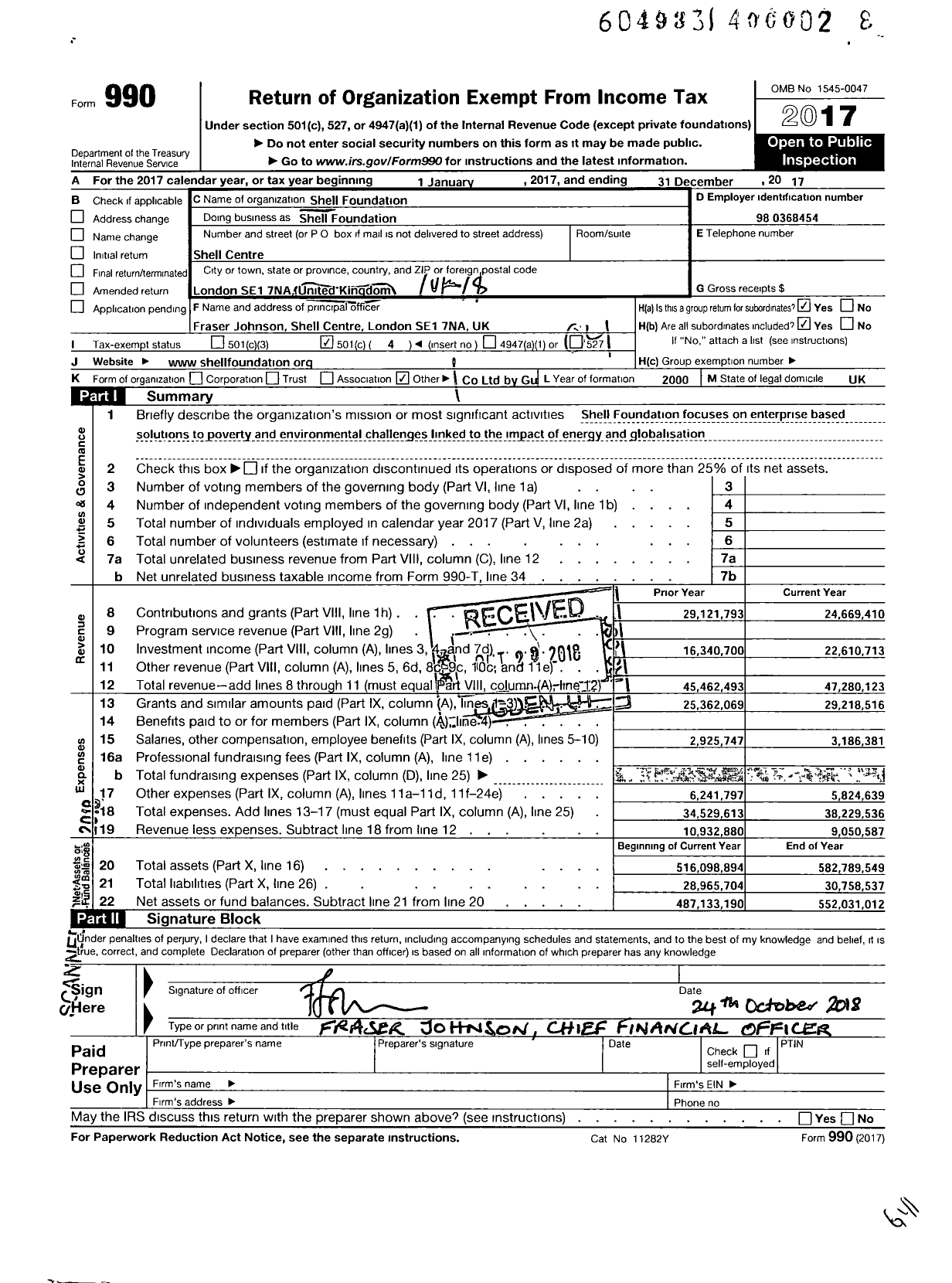 Image of first page of 2017 Form 990O for Shell Foundation