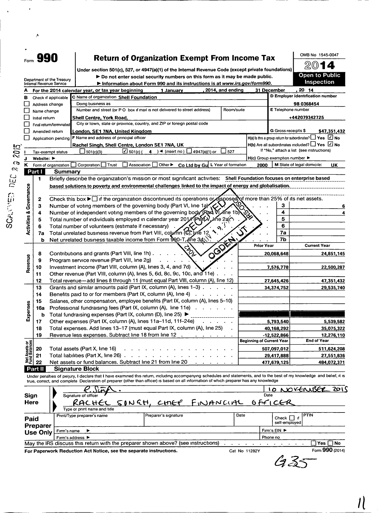 Image of first page of 2014 Form 990O for Shell Foundation