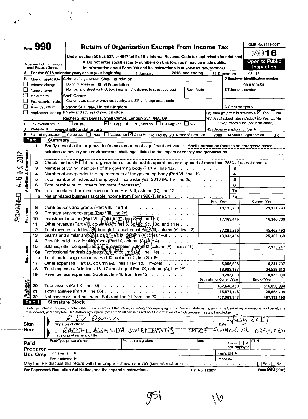 Image of first page of 2016 Form 990O for Shell Foundation